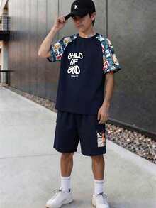 2pcs/Set Boys' Oversized Korean Style Loose Fit Letter & Colorblock "Child Of God" Print T-Shirt And Shorts Casual Outfit - Navy Blue - View 1