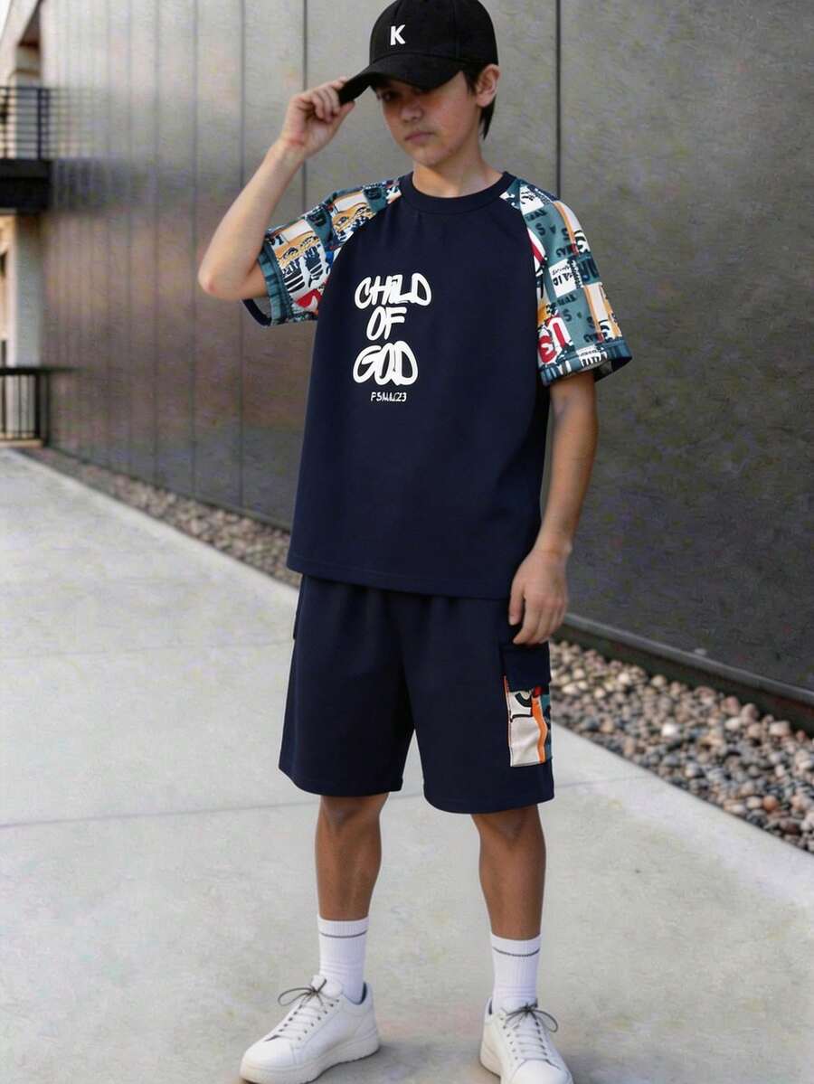2pcs/Set Boys' Oversized Korean Style Loose Fit Letter & Colorblock "Child Of God" Print T-Shirt And Shorts Casual Outfit - Navy Blue - View 1