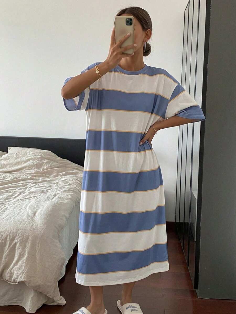 DAZY Casual Wide Striped Loose Short Sleeve Homewear Dress, Moo Moo Pajama - Blue - View 1