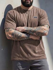 DRIVNCORE Plus Size Solid Color Round Neck Drop Shoulder Short Sleeve Casual Loose Men Tank Top - Coffee Brown - View 2