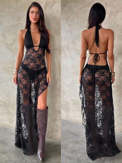 Aloruh Women's Fashion Sexy Sheer Lace Patchwork Backless Dress