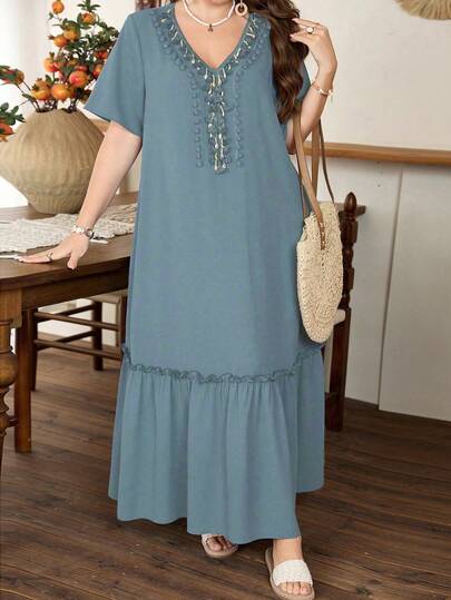 Lacomfia Đầm nữ cỡ lớn thanh lịch, tay ngắn, xếp ly, viền bèo, trang trí tua rua hình vỏ sò.