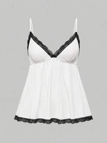 ROMWE Ribbed Lace Trim Camisole & Shorts Casual Pajama Set - Black and White - View 7