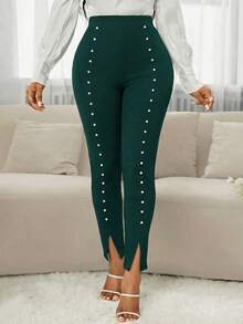 SHEIN Lady Quần legging nữ cạp cao, xẻ tà, đính hạt cườm - Màu xanh lá cây đậm - Xem 7