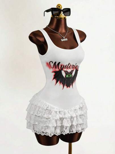 Zestiva 2026新款夏季街头纯色修身连体裤，时尚朋克蝙蝠标语印花背心，音乐节、哥特背心、颓废风背心，无袖方领蕾丝拼接荷叶边短裤连体裤，外出穿搭