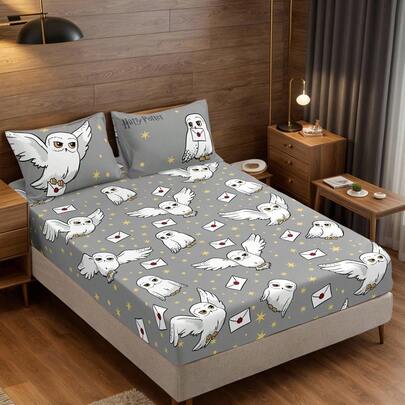 HARRY POTTER X SHEIN 3件套数码印花床垫，柔软保暖，舒适透气，多种尺寸可选，适用于单人床/双人床/大号床/特大号床，可机洗（1个床垫+2个枕套）