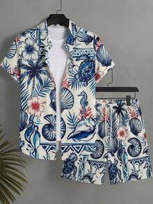 Manfinity Swimmode Bộ đồ nam đi nghỉ mát, phong cách thường ngày, in họa tiết nhiệt đới, gồm áo sơ mi và quần short. - Nhiều màu - Xem 1