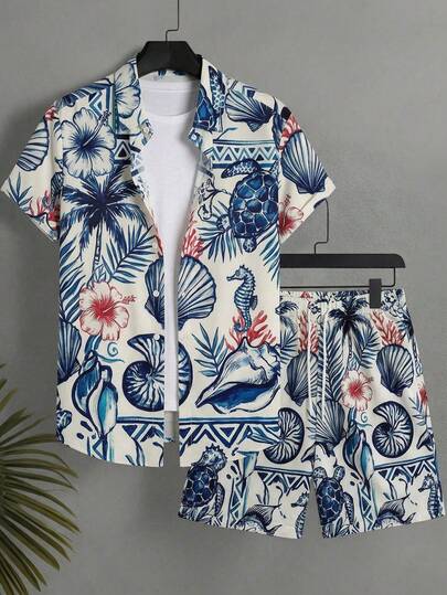 Manfinity Swimmode Bộ đồ nam đi nghỉ mát, phong cách thường ngày, in họa tiết nhiệt đới, gồm áo sơ mi và quần short.
