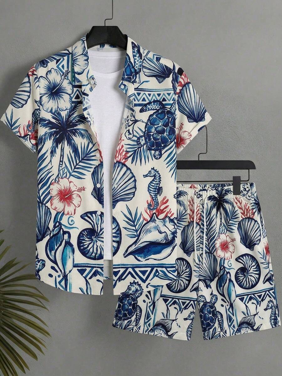 Manfinity Swimmode Bộ đồ nam đi nghỉ mát, phong cách thường ngày, in họa tiết nhiệt đới, gồm áo sơ mi và quần short. - Nhiều màu - Xem 1