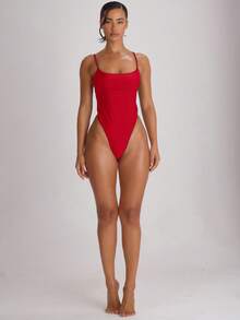 Musera Resort Traje de baño con cuello recto, tirantes y corte alto en la pierna, tipo cheeky, para vacaciones, verano y viajes a la playa, unicolor, básico para resort - Rojo - Ver 5