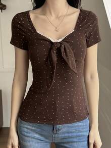 DAZY Women's Summer Loose Lace Patchwork Polka Dot Slim Fit Casual Short Sleeve T-Shirt Cute Tops - Brown - View 5