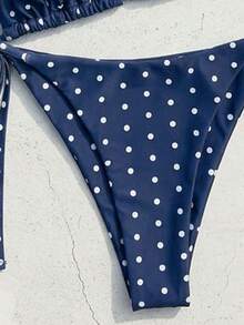 SHEIN Swim Mod Women's Summer New Sexy Halter Tie Low Waist Polka Dot Print Bikini Set, Navy Blue Base - Navy Blue - View 5