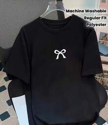 Playera camiseta básica mujer dama cuello redondo manga corta estampado GRAFICO DE MOÑO BLANCO   Textura Suave Fortiz - Negro - Ver 1