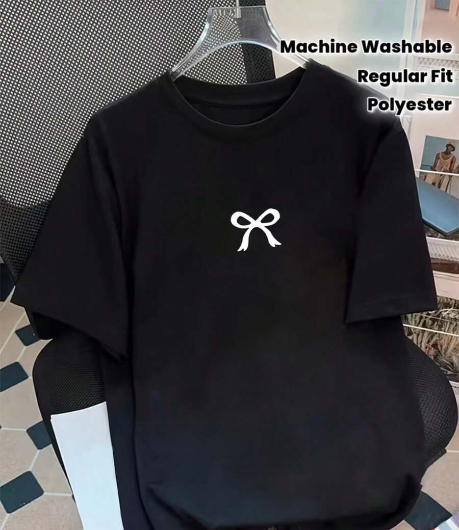 Playera camiseta básica mujer dama cuello redondo manga corta estampado GRAFICO DE MOÑO BLANCO Textura Suave Fortiz - Negro - Ver 1