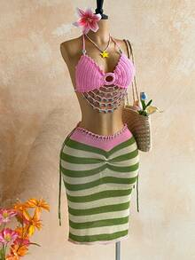 Soleia Women's Vacation Beach Beaded Decor Backless Halter Knit Top And Striped Knit Mini Skirt 2 Pieces Set - Multicolor - View 4