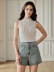 Anewsta Fashionable Lace Waistband Studded Denim Shorts - Blue - View 5