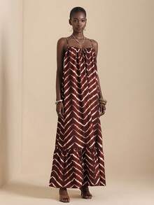 Vesra Women's Geometric Print Sleeveless Dress, Suitable For Summer Vacation - Rust Brown - View 3