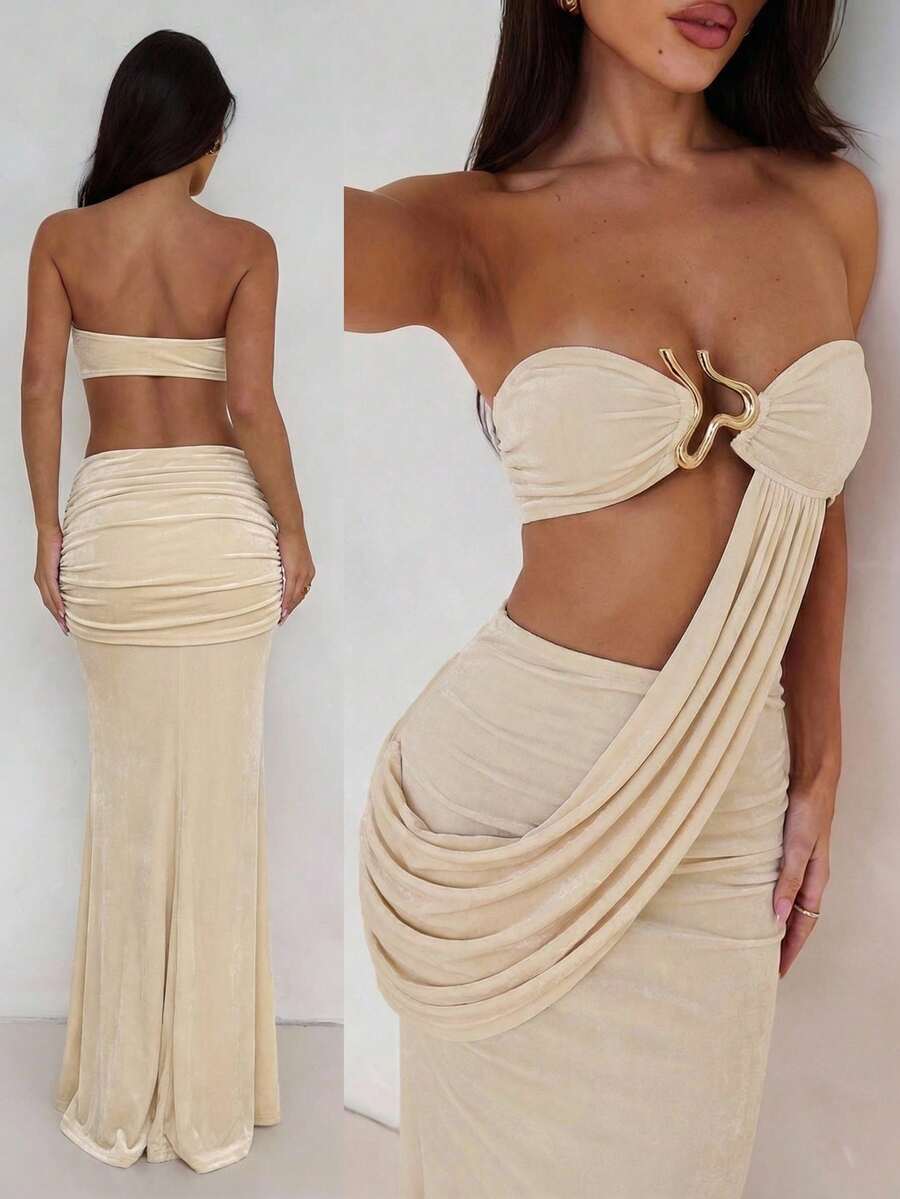 Aloruh Women's Solid Color Metal Decor Ruched Sexy Party Dress Summer Summer Outfits Summer Clothes Beach Outfits For Woman Beach Vacation Vacation Outfits Woman Boho Tropical Vacation Woman Clothe - Apricot - View 1