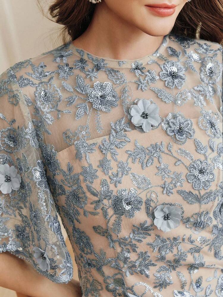 Elegant Navy Blue Floral Mesh Ruffle Trim Sequin Embellished Short Sleeve Dress, Suitable For Parties, Dates, Resorts, Spring/Summer Outfits