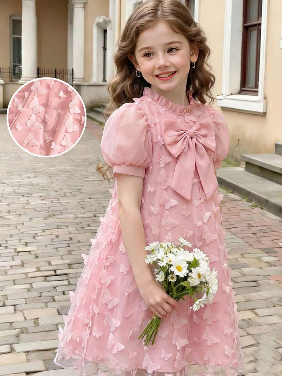 SHEIN Elladie kids 女童香槟色复古风连衣裙，雪纺泡泡袖+3D蝴蝶结大蝴蝶结公主薄纱裙，适合生日派对、钢琴演奏会、日常休闲穿着 - 粉色 - 查看 1