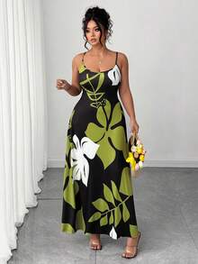Enliva Plus Size Women's Elegant Fashion Personalized Versatile Casual Office Wear Long Printed Knit Dress Party, For Apple And Rounded Body Shape - Army Green - View 4
