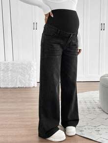 SHEIN Maternity Knit Belly Support Loose Straight Leg Jeans - Black - View 6