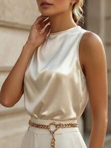 Franclia Women's Elegant Satin Sleeveless Top,Summer Beige Silk Blouse With Shoulder Ruched Design,Versatile Chic Office Wear,Classy Solid Color Holiday Tops - Champagne - View 5