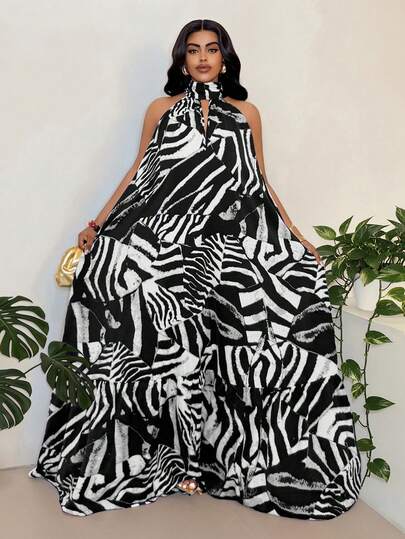 Maweii Plus Size Printed Strapless Sexy Off-Shoulder Dress