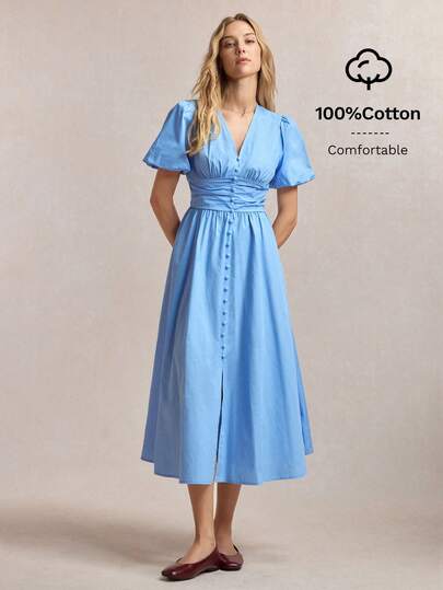 BizChic Summer New Shirred Blue Dress With Mushroom Button Decor, Puff Sleeves, Waist Pleats, Versatile For Multiple Occasions