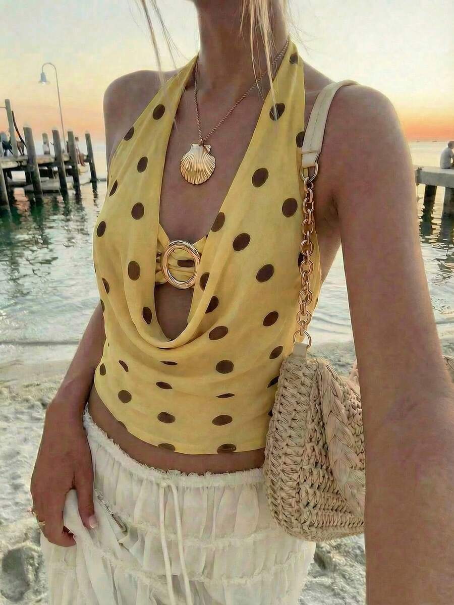 Aloruh Áo vest chấm bi mới, gợi cảm, xuyên thấu, cổ trễ vai, điểm nhấn kim loại hiện đại, thích hợp cho kỳ nghỉ biển và những buổi hẹn hò sang trọng. - Màu vàng - Xem 1