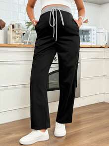 SHEIN Maternity Casual Versatile Contrast Color Waistband Pants Casual - Black - View 8