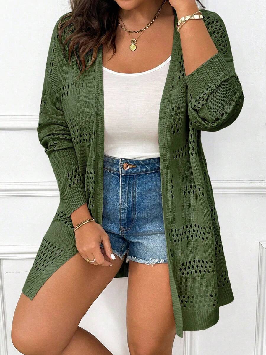 Elenzga Plus Size Women Solid Color Casual Versatile Long Sleeve Cardigan Fall - Green - View 1