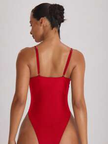 Musera Resort Traje de baño con cuello recto, tirantes y corte alto en la pierna, tipo cheeky, para vacaciones, verano y viajes a la playa, unicolor, básico para resort - Rojo - Ver 4