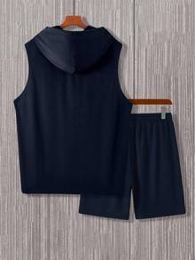 Manfinity Homme Men's Hooded Vest And Slant Pocket Shorts Casual Suit - Navy Blue - View 2