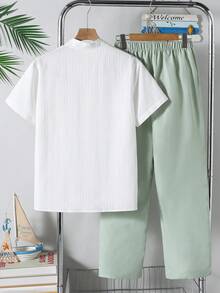 Vacaura 青少年男童白色短袖衬衫和绿色裤子休闲套装 - 薄荷綠 - 查看 2