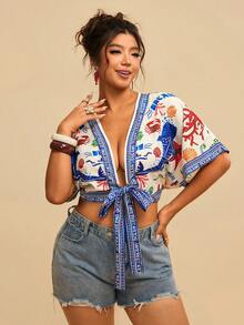 Levarali 大码热带印花系带短款衬衫，休闲度假装 - 彩色 - 查看 4