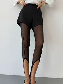 Firerie Quần legging nữ thanh lịch, gợi cảm, tối giản, kiểu đuôi cá, phù hợp đi làm, công sở, hàng ngày, phong cách thành thị, đi nghỉ mát, lễ hội âm nhạc, tiệc tùng, cạp cao, co giãn, chất liệu lưới, xẻ tà, màu đen. - màu đen - Xem 9