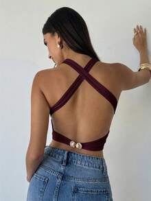 Aloruh Áo hai dây ôm sát, màu trơn, không lưng, kiểu đan chéo, dành cho nữ mùa hè. - Màu tím - Xem 1