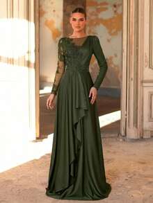 Aureia 优雅、迷人、奢华的刺绣蕾丝贴花薄纱袖长裙礼服，适合婚礼、单身派对、节日舞会、庆典、新娘、婆婆晚礼服等场合。 - 軍綠色 - 查看 4