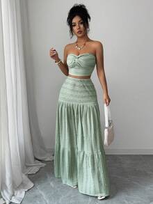 Elenzga petite Bộ áo croptop và chân váy xòe bằng vải jacquard dệt kim màu xanh lá cây, thiết kế độc đáo, thanh lịch và tinh tế, phù hợp cho sinh nhật, hẹn hò, tiệc tùng, các dịp trang trọng, mùa xuân. - màu xanh lá - Xem 6