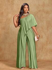 Brilight 女士沙滩度假装 - 优雅纯色 - 斜领棉麻混纺深色 - 无袖拼接连体裤，适合春夏休闲度假穿着，也适合办公着装和日常休闲穿着。 - 綠色 - 查看 4