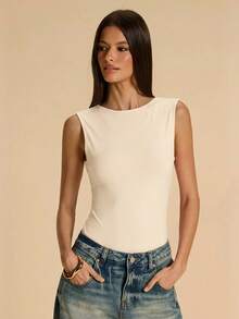 Mono de mujer de unicolor casual con espalda descubierta, decoración de cadena metálica en el cuello, adecuado para playa, vacaciones, resort, trabajo casual, viajes, salidas de ocio, mono marrón, mono elegante y sexy con espalda descubierta - Albaricoque - Ver 6