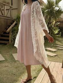 DAZY 2pcs/Set Women Lace Camisole Sleep Dress & Robe Sleepwear Pajama Set, Loose Fit, Fall Winter Clothes - Pink - View 2