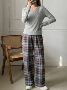 DAZY 2pcs Women Spring Casual Loose Comfy Lounge Set, Home Wear, Cozy Outfits, Fall Winter Clothes - Light Grey - View 2