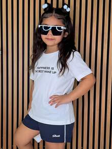 Dazy Kids Young Girls Casual Slogan Print Round Neck Short Sleeve T-Shirt, Versatile Summer - White - View 2