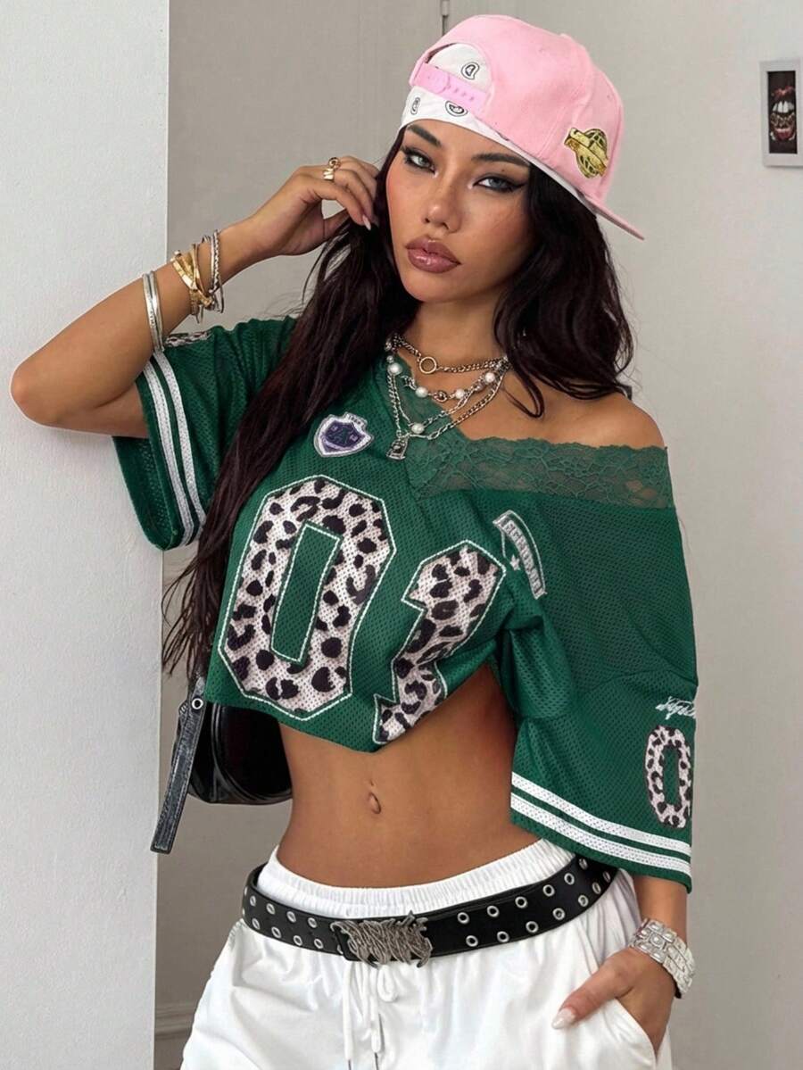 Coolane Women's Summer Sportswear Basic Y2K Number Pattern Contrast Lace V-Neck Jersey Over Size T-Shirt,Summer Top - Dark Green - View 1