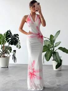 RiviMae 优雅修身鱼尾V领褶裥网纱印花连衣裙，春夏款 - 彩色 - 查看 4