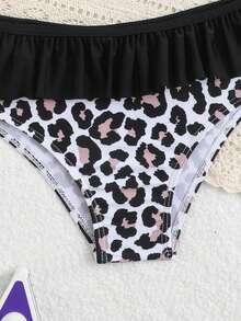 Young Girl Bow Decor Leopard Print Bikini Set, Girls 2 Pieces Ruffle Cheetah Bathing Suit For Summer, Beach, Family Vacation, Holiday, Tweens Swimwear - Multicolor - View 3