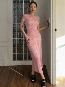 DAZY Ditsy Floral Cinched Waist Long Women's Nightgown Pajama - Pink - View 6