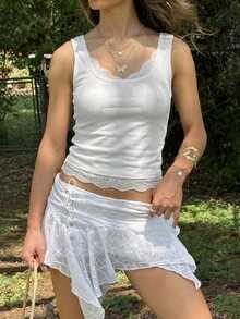 Teen GirlCasual Vacation White Lace Fitted Camisole Tank Top, Summer Spaghetti Strap Squishy Soft Slim Fit Fashionable Design Suitable For Holiday, Travel, Campus Daily Wear - White - View 4